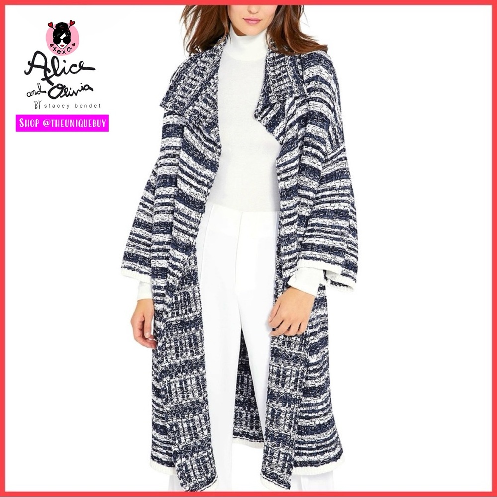 Alice + Olivia Hester Oversized Black White Knitted Sweater Cardigan Shawl Coat